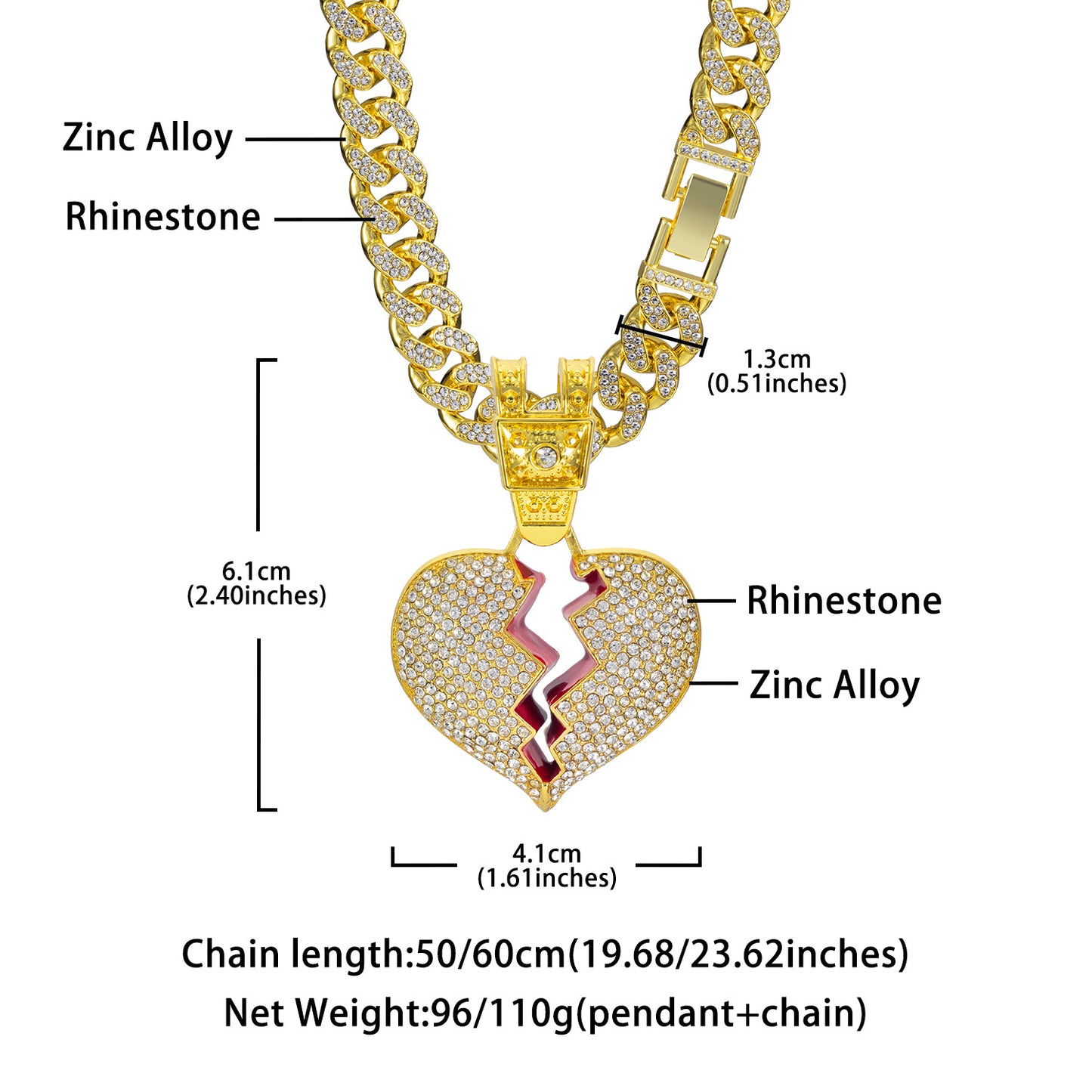 Men's Heart Alloy Full Diamond Cuban Hip Necklaces