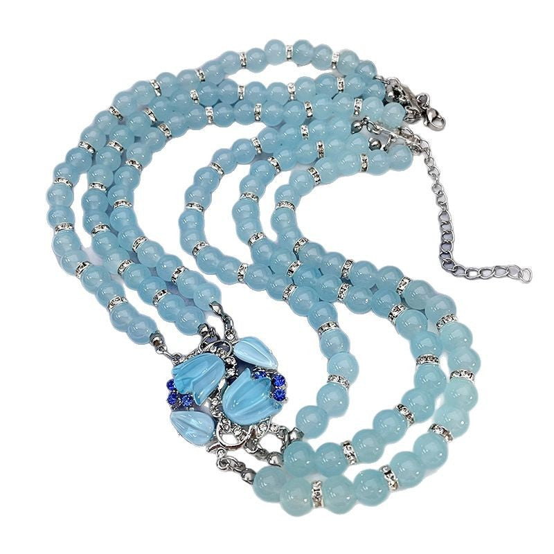 Light Blue Moonlight Lily Crystal Natural Stone Tulip Necklace