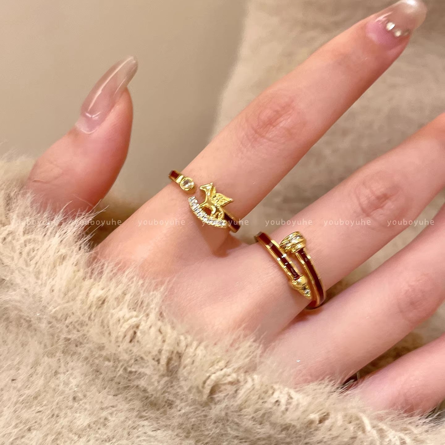 Women's Golden Pony Light Luxury High-grade Sense Twin Index Finger Ring