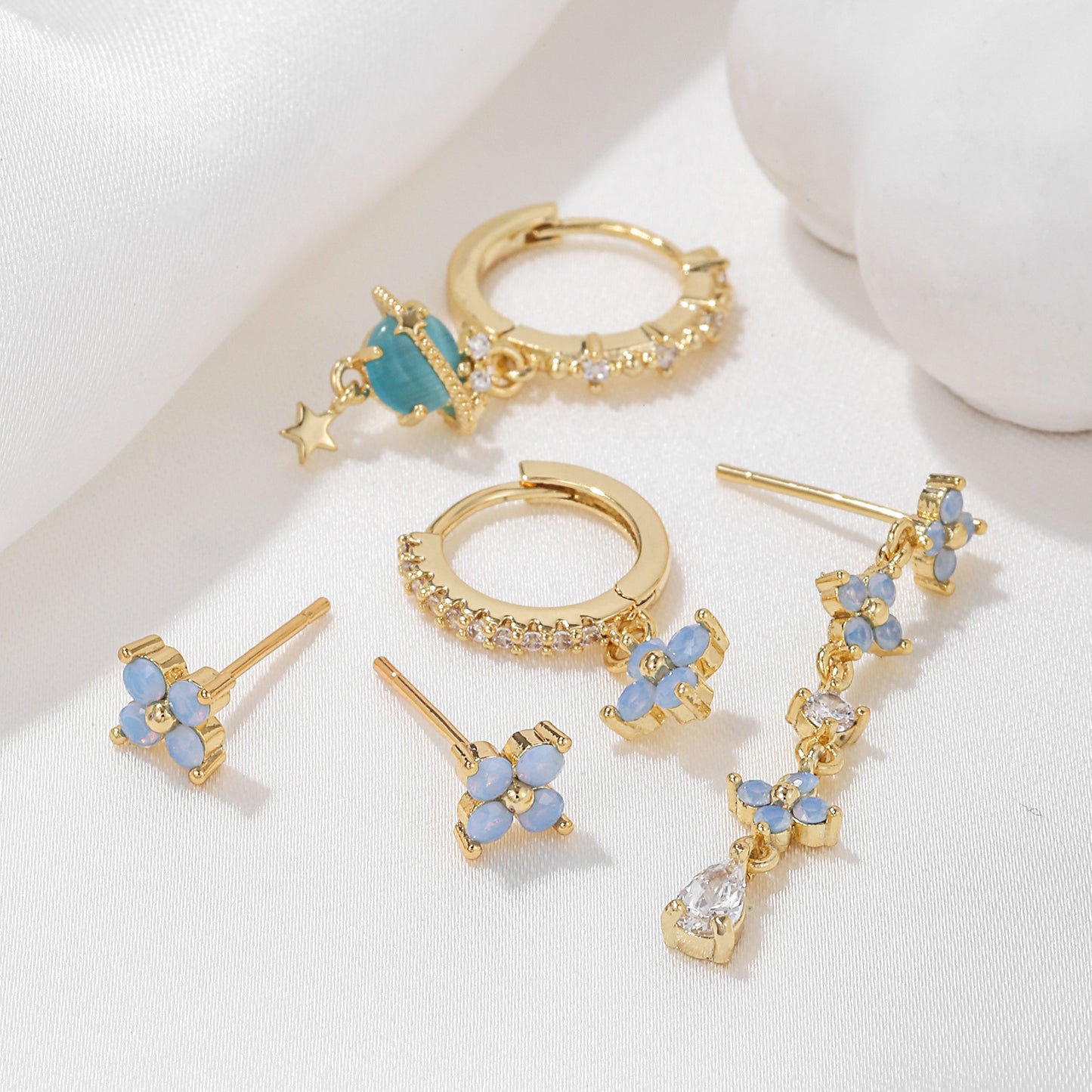 Mori Style Blue Protein Flower Tassel Stud Earrings