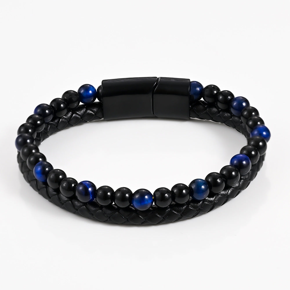 Men's Tiger Eye Beaded Genuine Leather Alloy Cowhide Bracelet