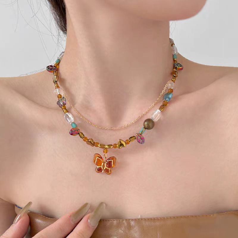 Women's Hollow Butterfly Ceramic Beaded Retro Ethnic Style Long Necklace