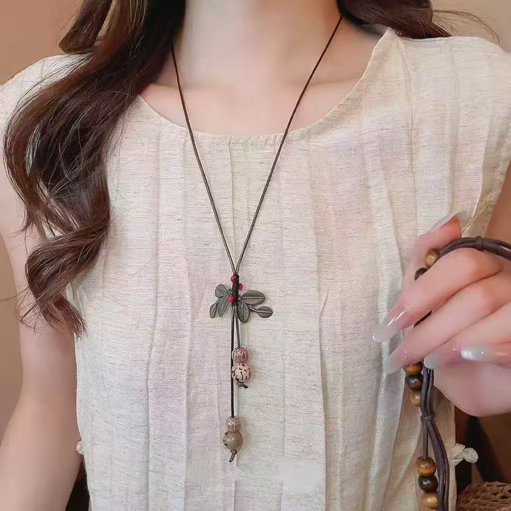Women's Style Wooden Metal Leaf Braided Rope Ethnic Necklace