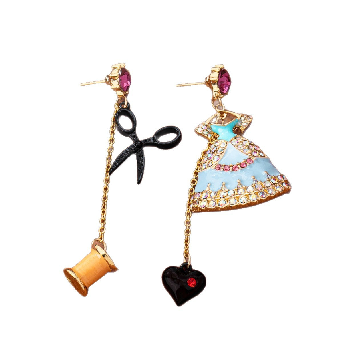 Fairy Tale Style Asymmetric Princess Dress Scissors Spool Black Peach Earrings
