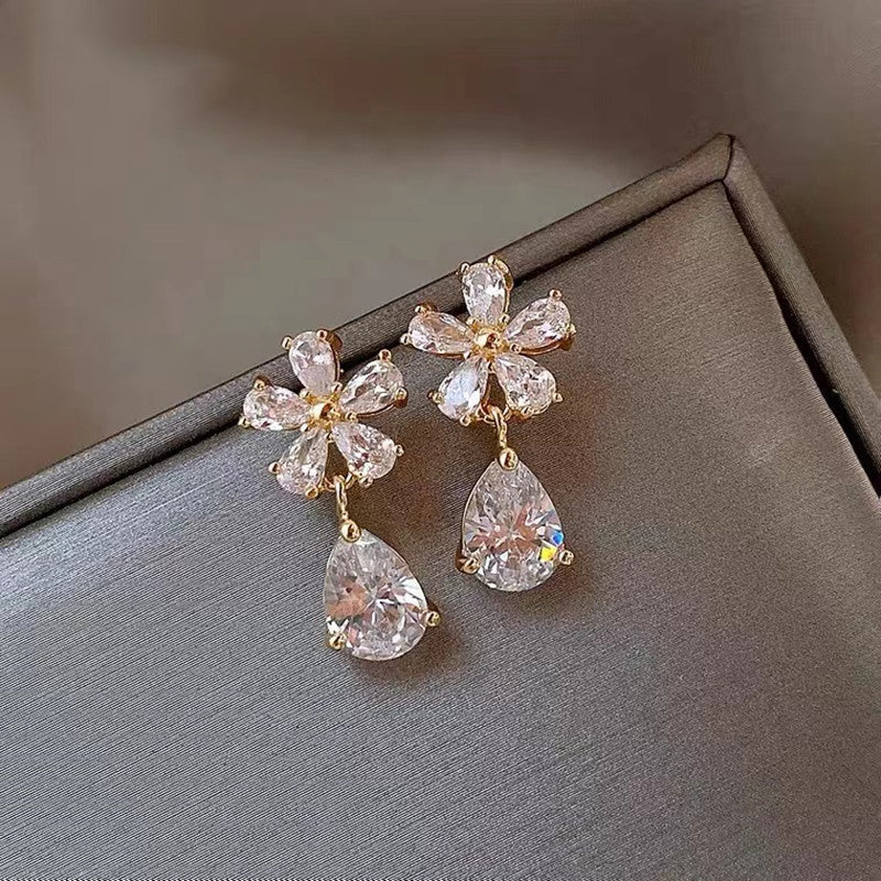 Needle Water Drop Zircon Flower Female Light Luxury Temperament High-grade Earrings