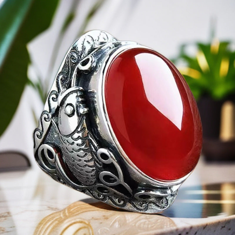 Men's Vintage Koi Domineering Thai Sier Niche Pisces Ruby Rings