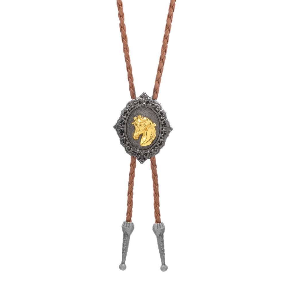 Men's Tie Leather String Horse Head Cow Alloy Long Sweater Chain Pendants