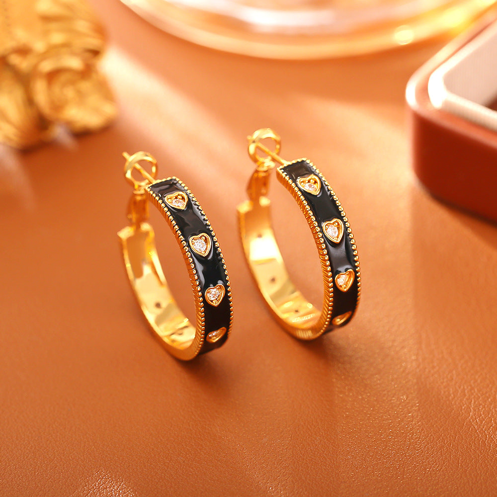 Retro Style Loving Heart Zircon Enamel Fashion Romantic Gentle Earrings