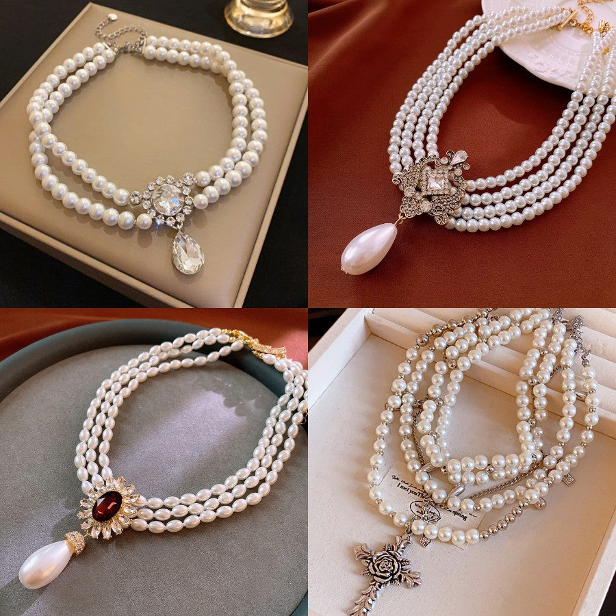 Women's Diamond Artificial Pearl Vintage Court Style Necklaces