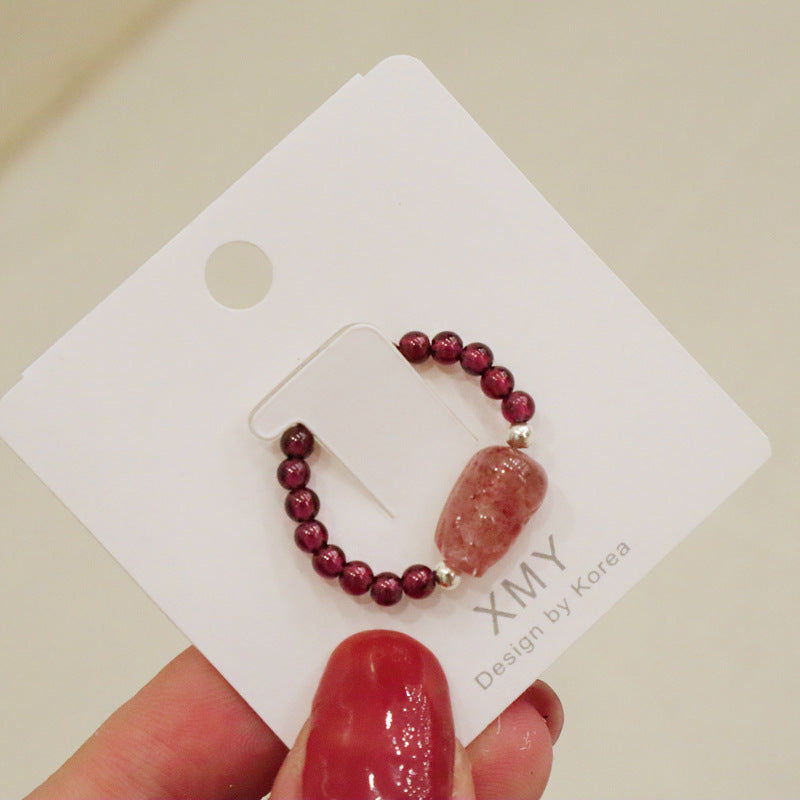Women's Crystal Pearl Tourmaline Strawberry Elastic Simple Rings