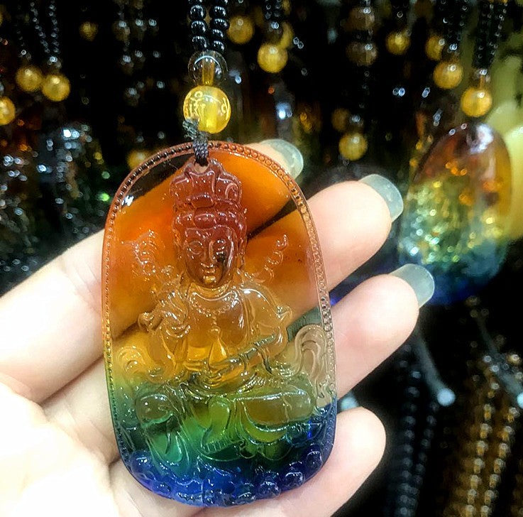 Colored Glaze Crystal Leaves Guan Gong Buddha Ornamental Stone Necklaces