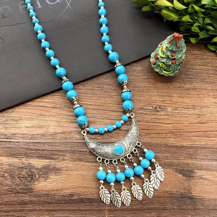 Women's Chain Moon Flower Colorful Beads Headdress Necklaces