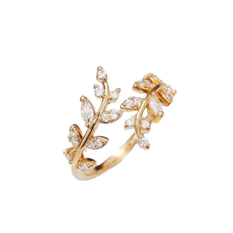 Women's & Men's Leaf Copper Inlaid Zircon Opening Adjustable Size Cold Wind Rings