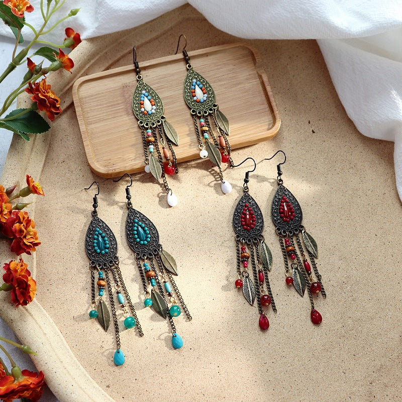 Women's Retro Bohemian Long Fringe Ethnic Style Water Drop Earrings