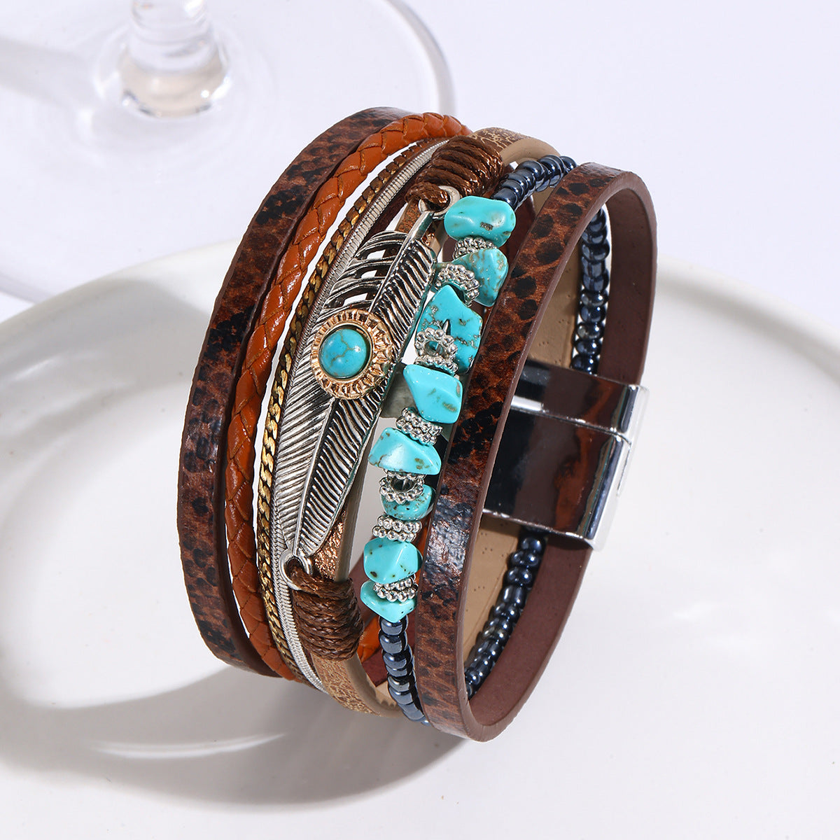 Bohemian Gravel Feather Leather Vintage Turquoise Bracelets