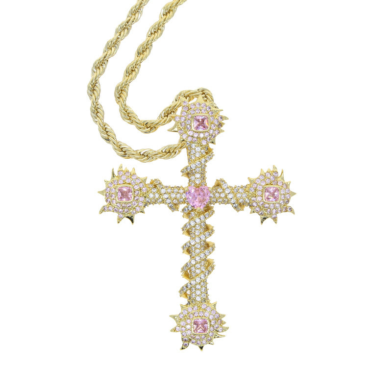 Pink Heart-shaped Cross Zircon Hip Hop Necklaces