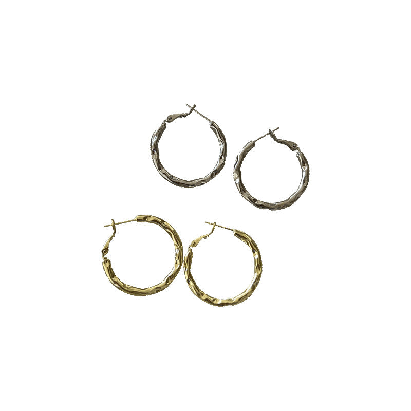 Women's Sier Needle Hoop Hammer Pattern Irregular Earrings