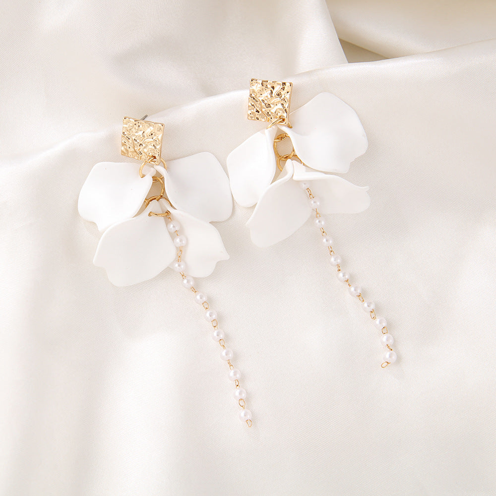 Style Red Blue Colorful Petals Pearl Long Trend Earrings
