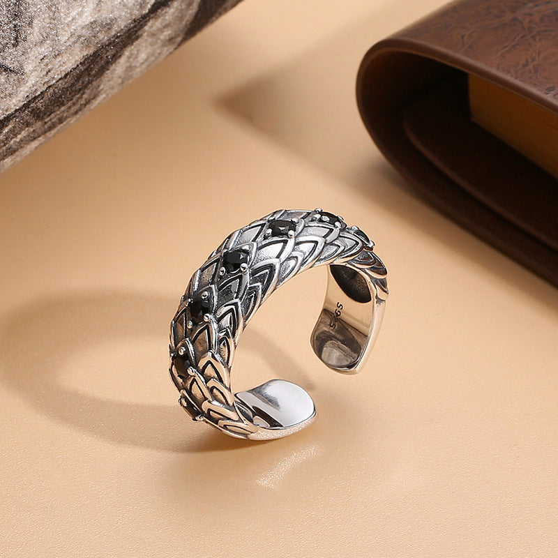 Inlaid Retro Opening Distressed Thai Sier Rings