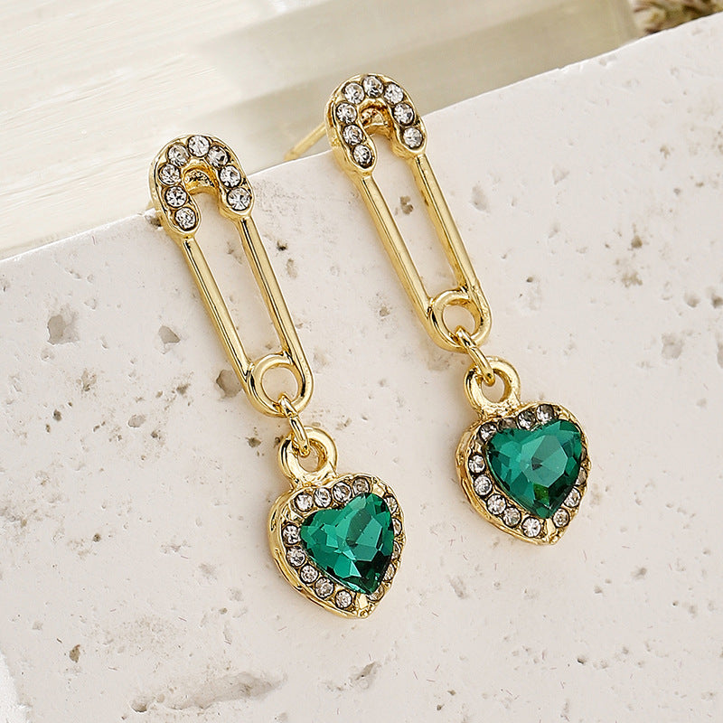 Women's Sier Needle Simple Personality Green Diamond Flower Love Heart Earrings