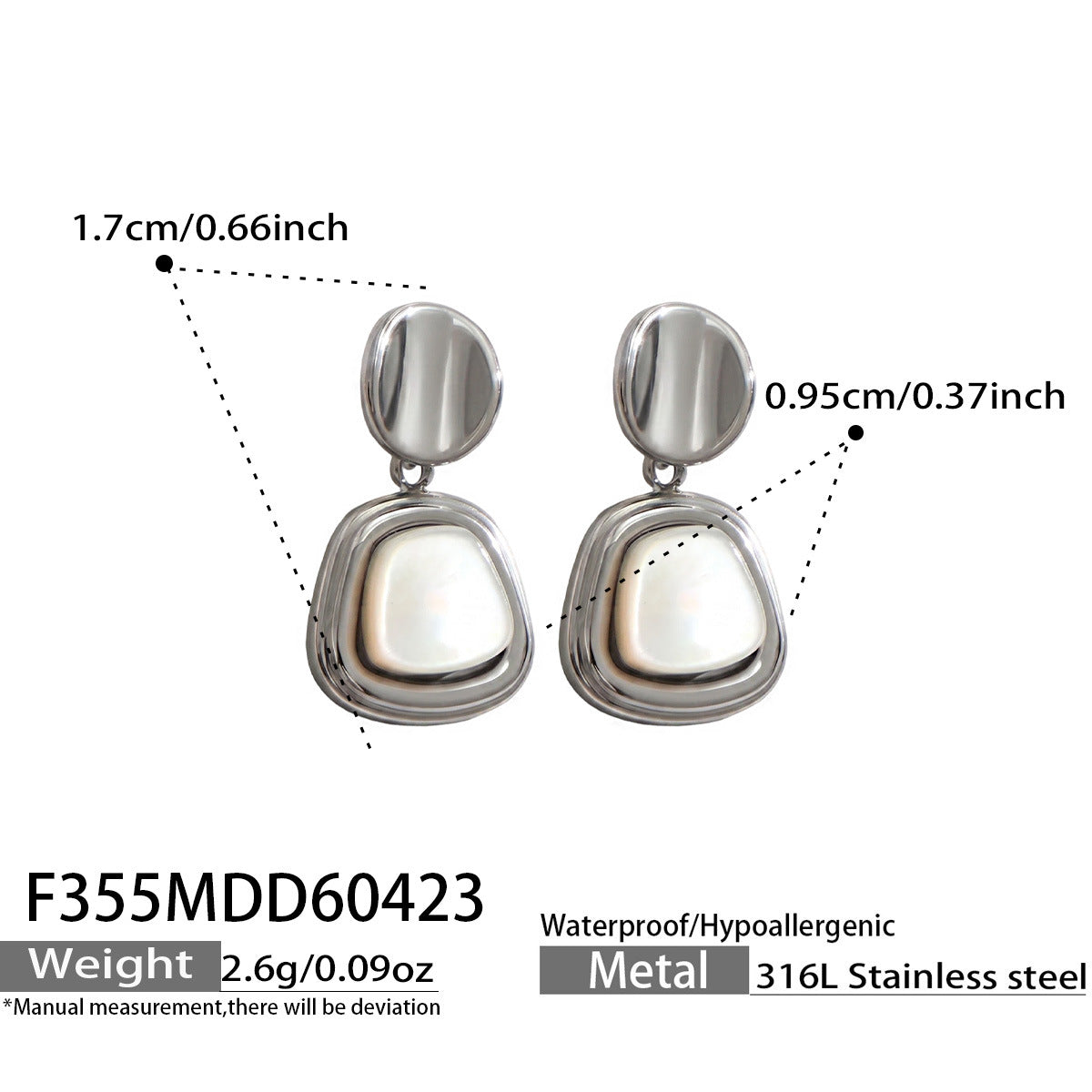 Women's Thick Gold Plated Retro Natural Fritillary Square Stainless Steel Niche Earrings