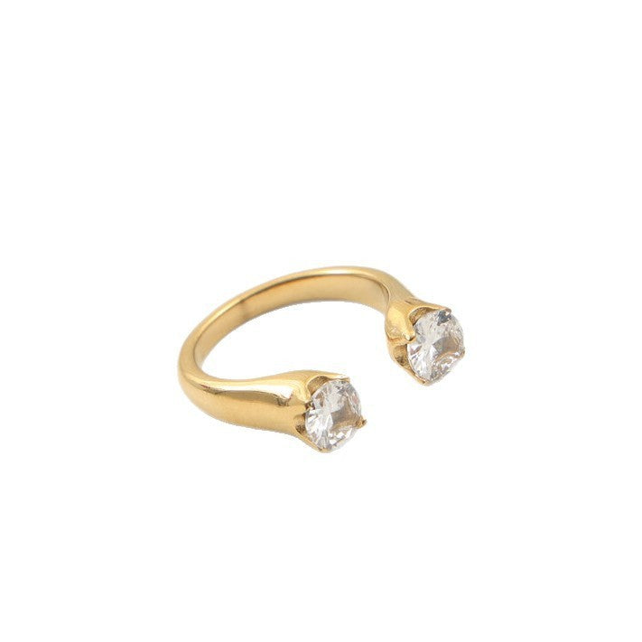 Double Circle Open-end Zircon Titanium Steel Gold Ring