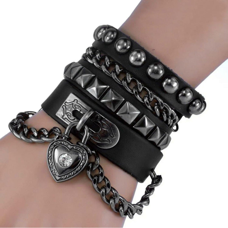 Punk Heart-shaped Lock Chain Combination Rivet Gothic Bracelet