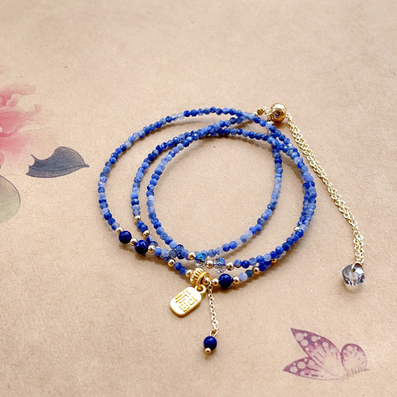 Women's Carved Lapis Lazuli Three-circle Crystal Cut Girlfriends Bracelet