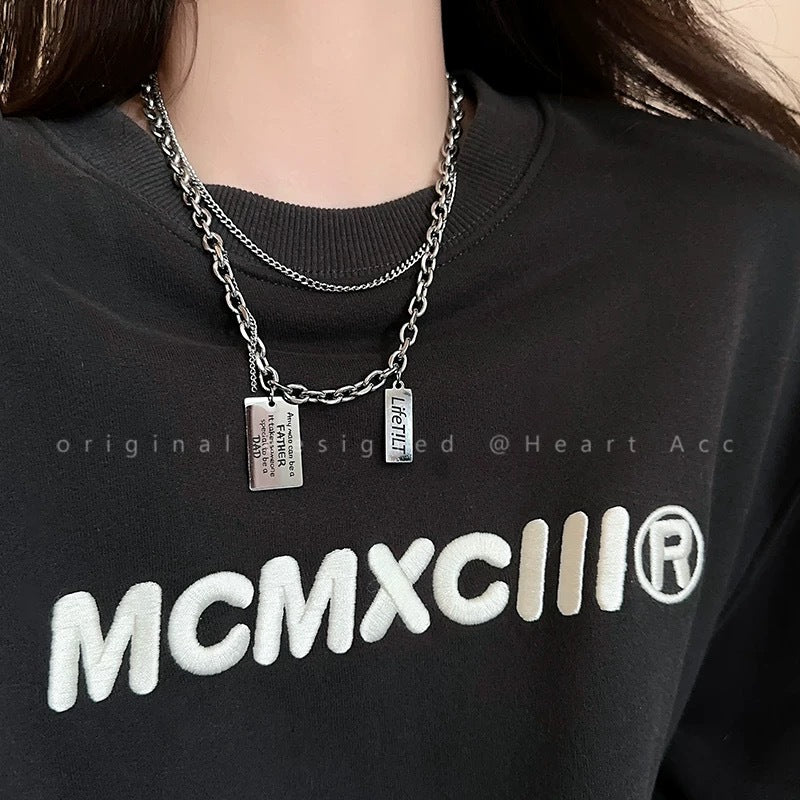 Women's & Men's English Square Plate Female Hip Hop Trend Long Sweater Chain Necklace