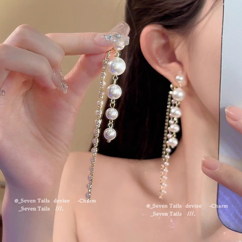 Light Luxury Minority Bow Pearl Graceful Long Earrings