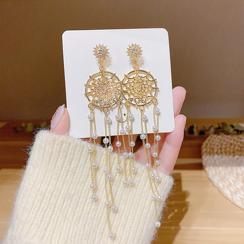 Women's Sier Needle Dream Catcher Tassel Pearl Earrings