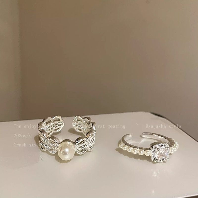 Korean Lace Pearl Zircon Design Switchable Index Ring