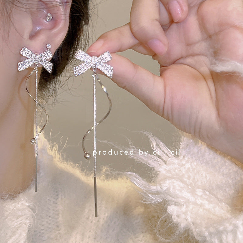 Light Luxury Minority Bow Pearl Graceful Long Earrings