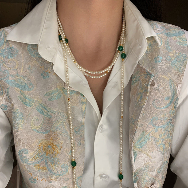 Women's Long Pearl For Green Chalcedony Twin Necklaces