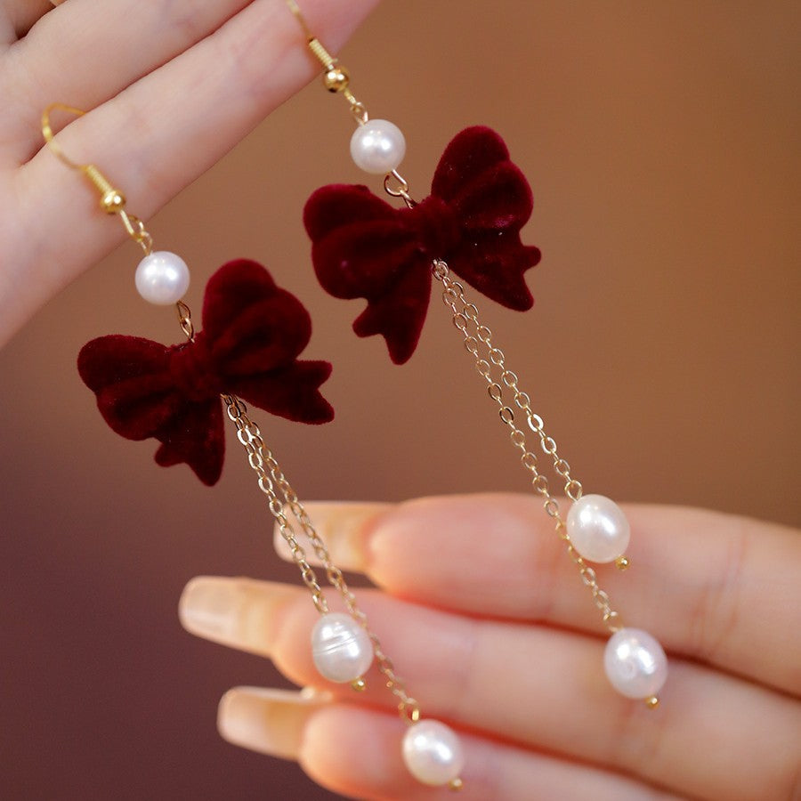 Red Elegance Retro Cheongsam Antique Eardrops Tassel Long Bow Earrings