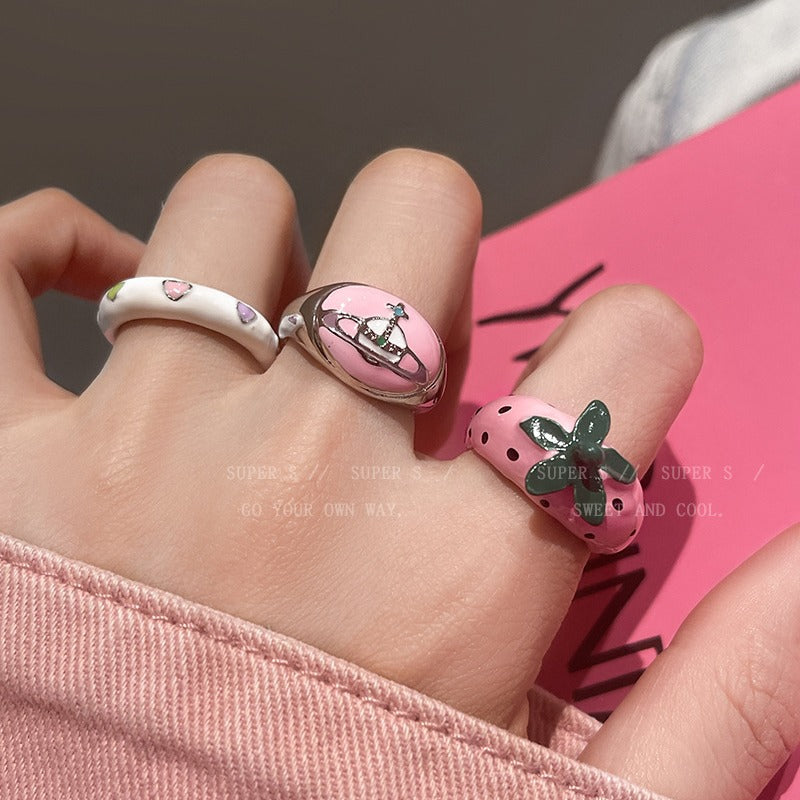 Pink Cute Strawberry Saturn Stylish Opening Rings