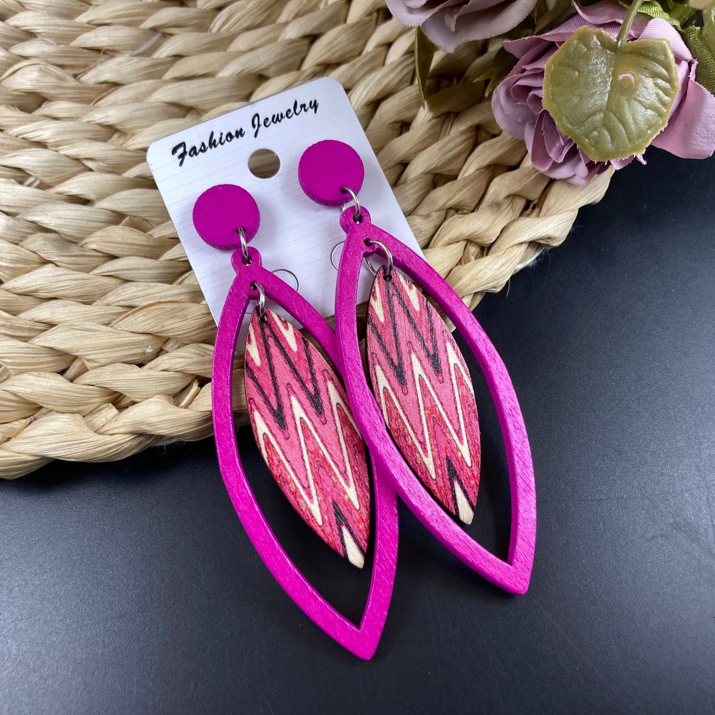 Bohemian High-key Eardrop Wooden Leaves Geometric Earrings