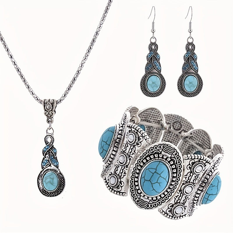 Blue Rhinestone Inlaid Turquoise Eardrops Suit Bohemian Earrings