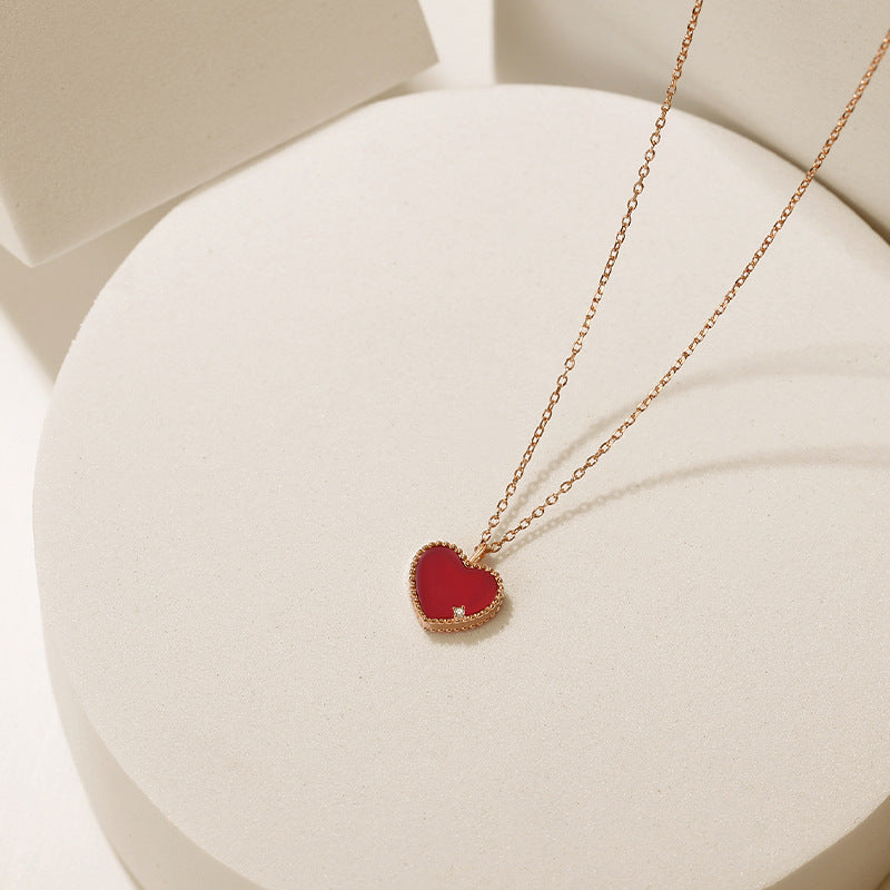 Women's Heart-shaped Genuine Diamond Sterling Sier Red Agate Clavicle Necklaces