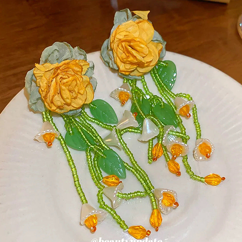Elegant Graceful Chiffon Flower Beaded Tassel Summer Earrings