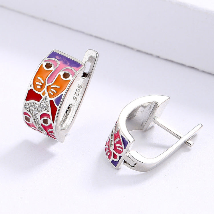 Women's Colorful Cartoon Cat Face Unique Handmade Doodle Stud Earrings