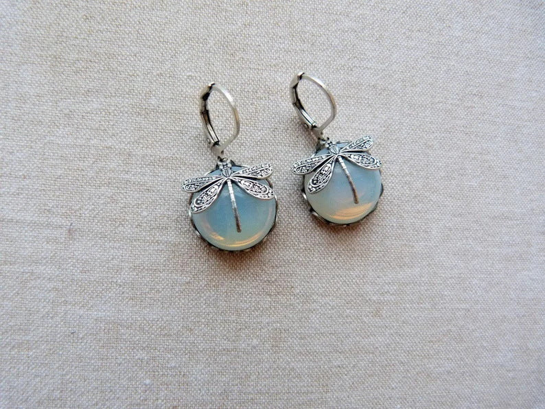 Women's Ornament Vintage Dragonfly Pattern Distressed Moonstone Earrings