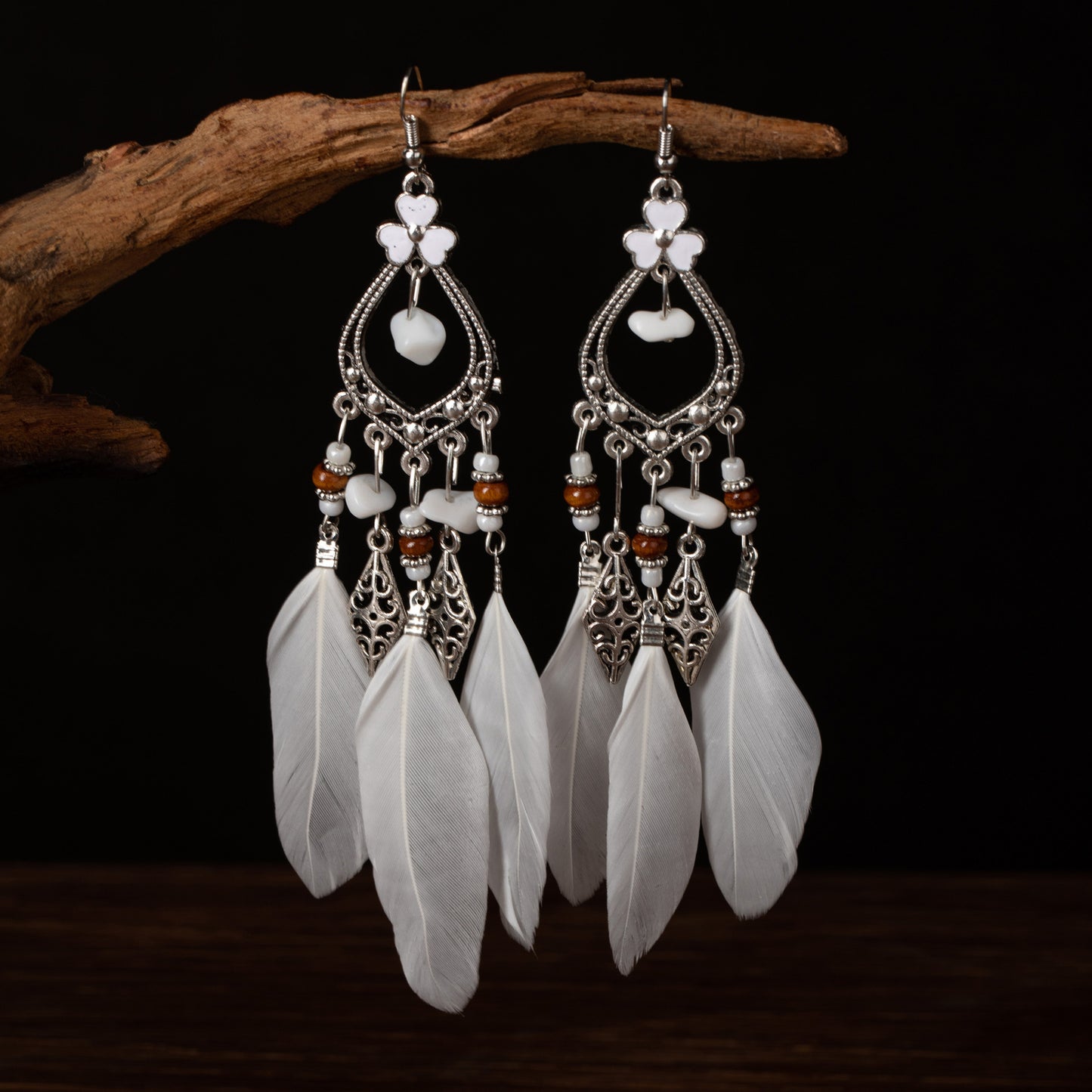Women's Bohemian Feather Irregular Natural Stone Retro Earrings