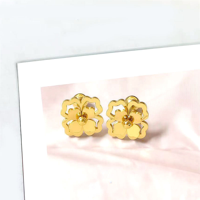 Women's Steel Frosted Gold Clover Lines Rose Temperamental Tassels Stainless Long Ear Line