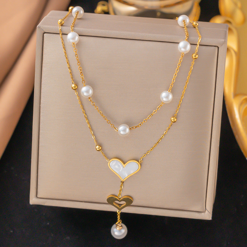 Double Layers Loving Heart Tassel Clover Necklaces