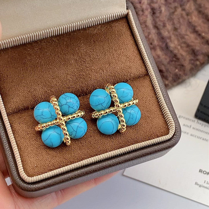 Women's French Retro Turquoise Full Diamond Bag Ear Clip Light Luxury Earrings