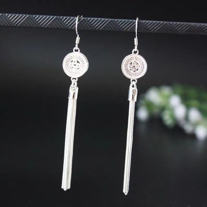 High-grade Tibetan Sier Summer Long Tassel Earrings