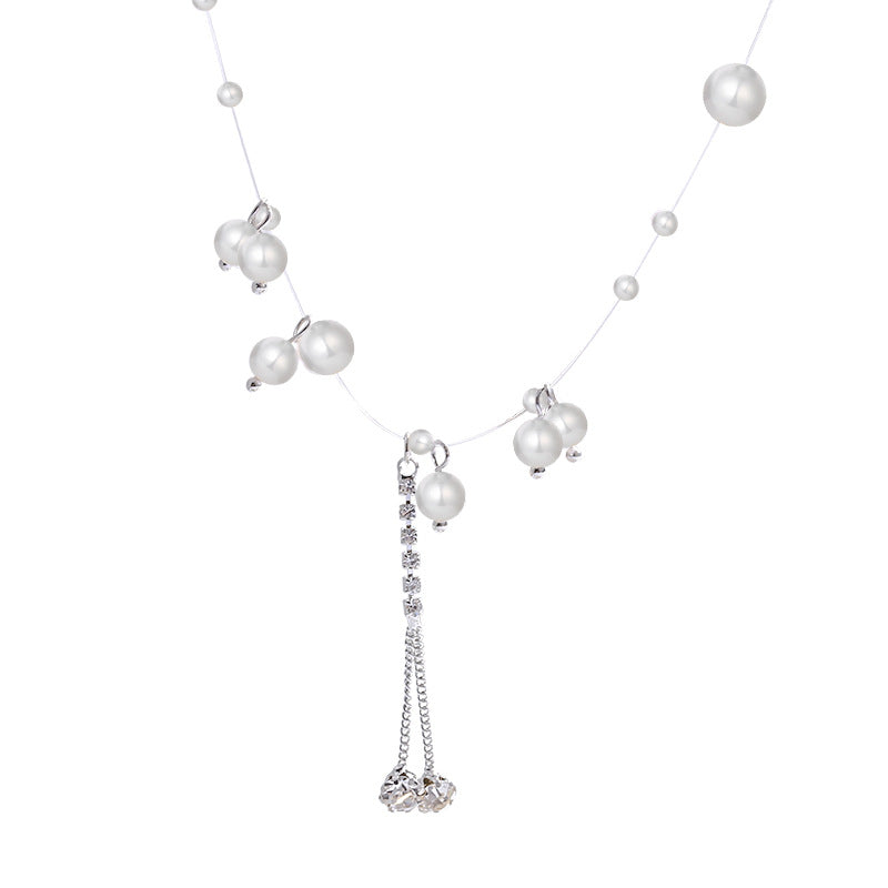 Women's Zircon Tassel High-grade Vintage Pearl Fishline Clavicle Chain Necklace