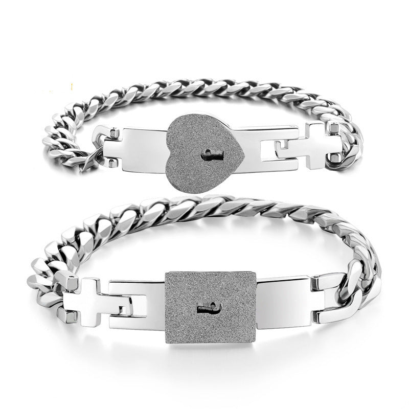 Steel Couple Titanium Gold Heart Lock Bracelets