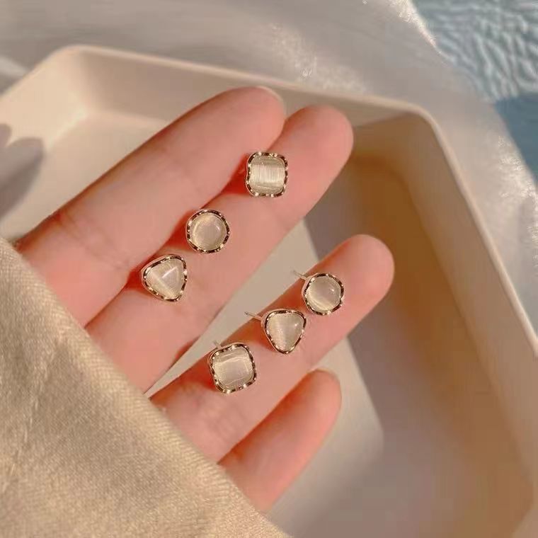 Women's Three Pairs Storage Ear Daily Opal Simple Geometric Earrings